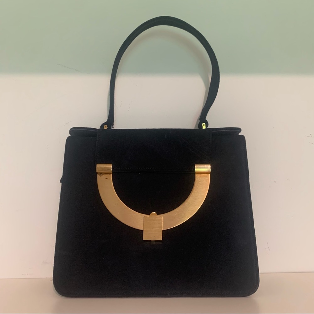 Authentic 1950s Nicholas Reich Navy Suede Bag with Gold Hardware